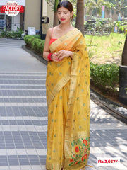 Yellow Organza Silk Paithani Saree