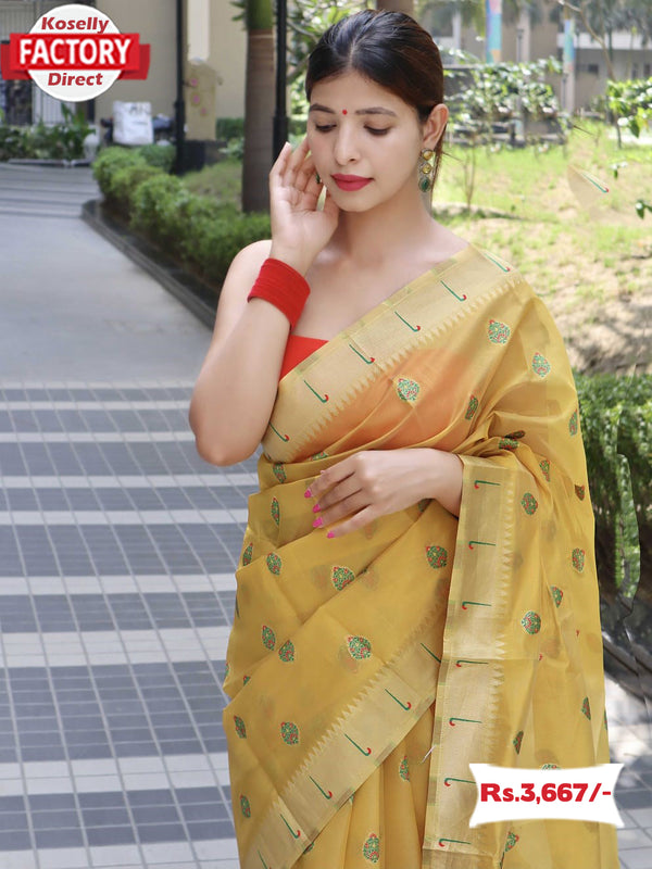 Yellow Organza Silk Paithani Saree