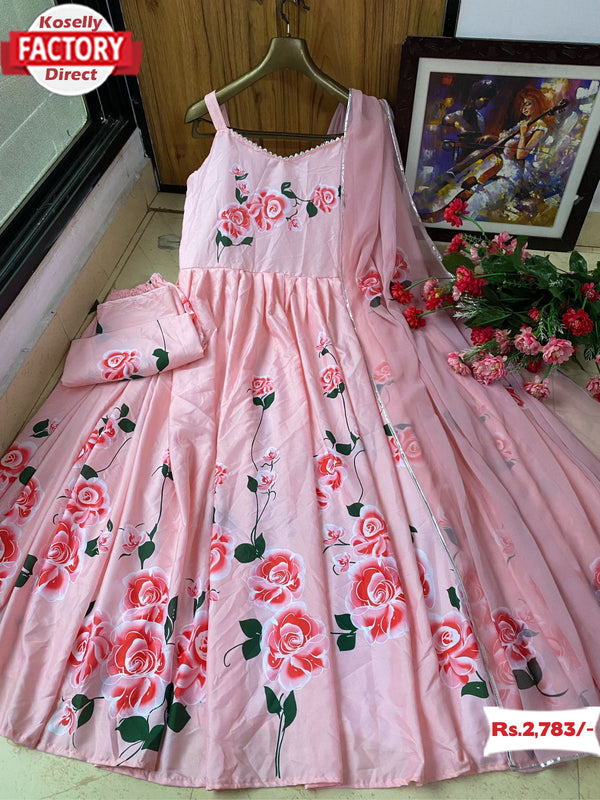 Pink Designer Floral Gown Pant Dupatta Set