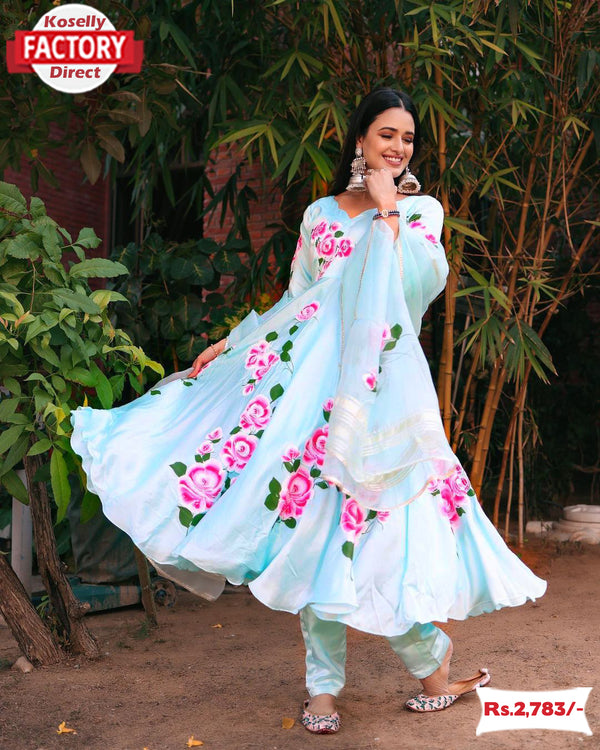 Sky Blue Designer Floral Gown Pant Dupatta Set