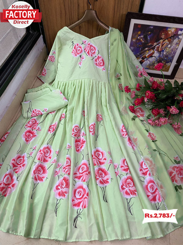 Light Green Designer Floral Gown Pant Dupatta Set