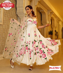 White Designer Floral Gown Pant Dupatta Set