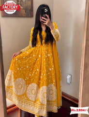 Yellow Embroidered Gown Dupatta Pant Set