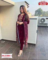 Maroon Velvet Kurtha Pant Dupatta Set