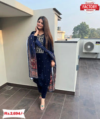 Navy Blue Velvet Kurtha Pant Dupatta Set