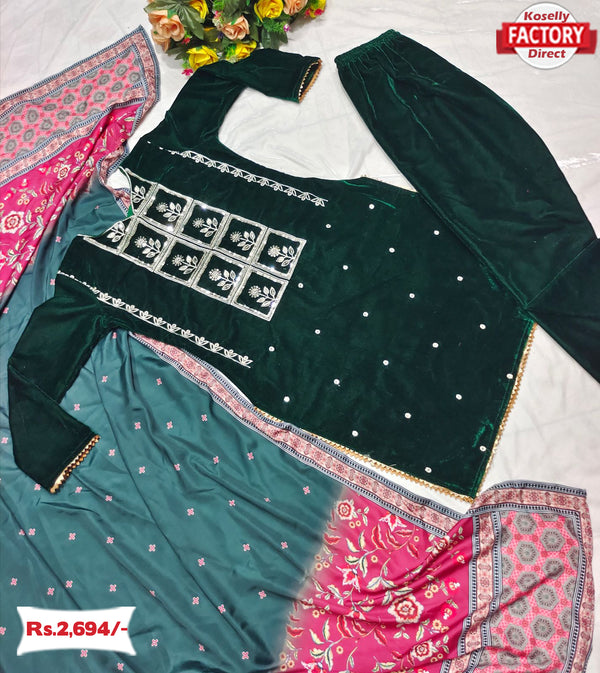 Green Velvet Kurtha Pant Dupatta Set