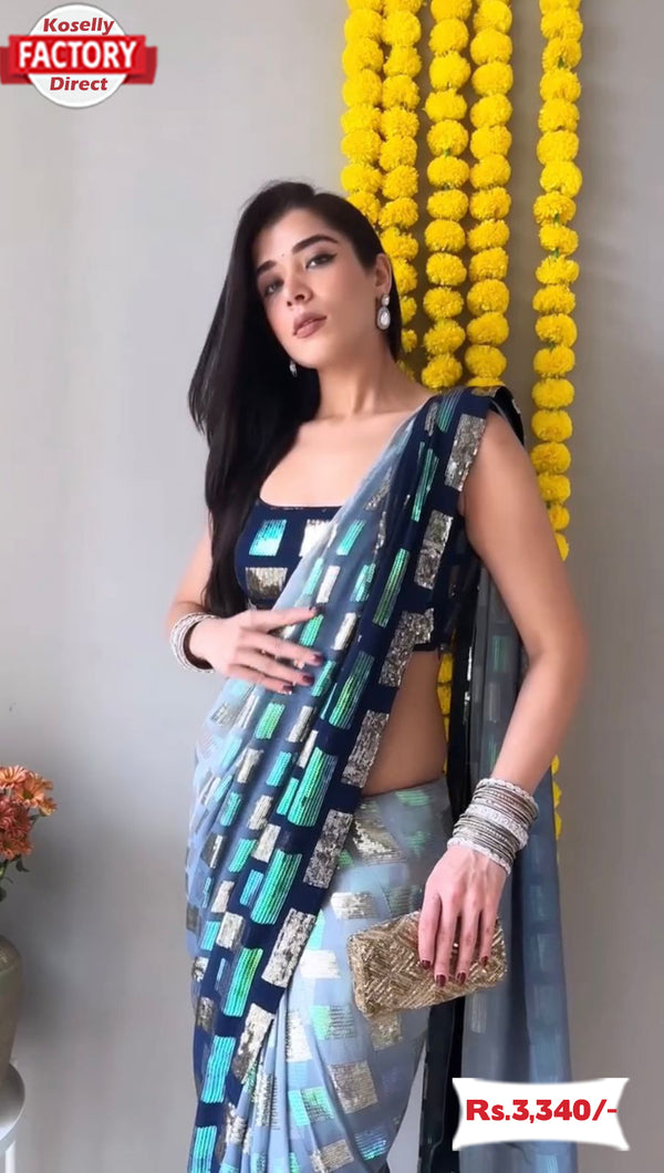 Designer Multi-sequins Georgette Partywear Saree