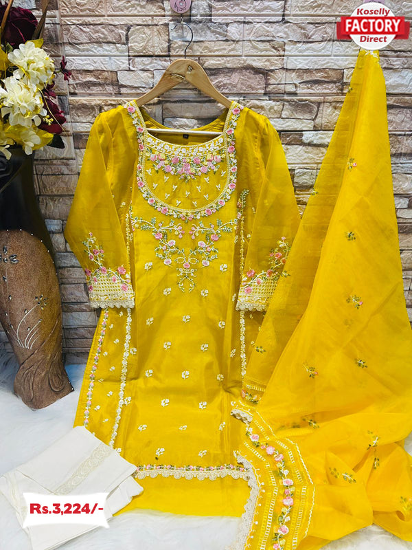 Designer Yellow Organza Kurtha Pant Dupatta Set