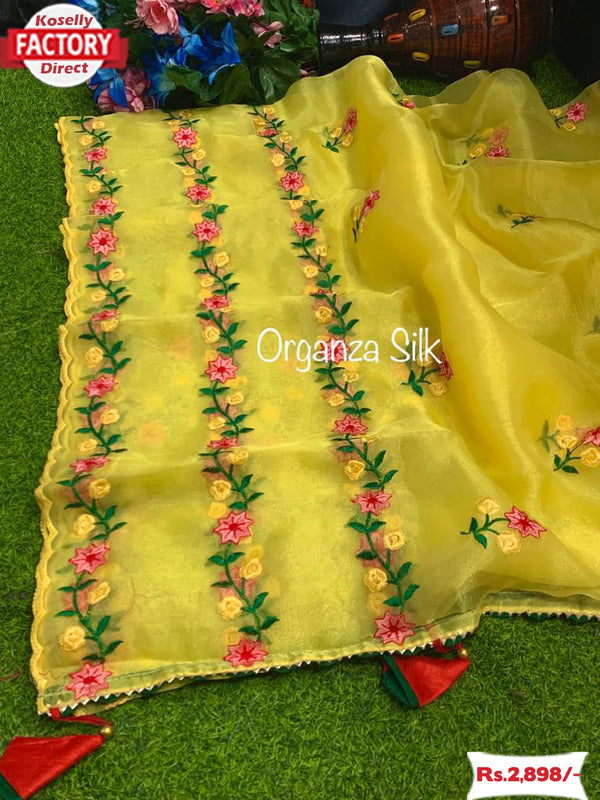 Yellow Pure Organza Embroidered Saree