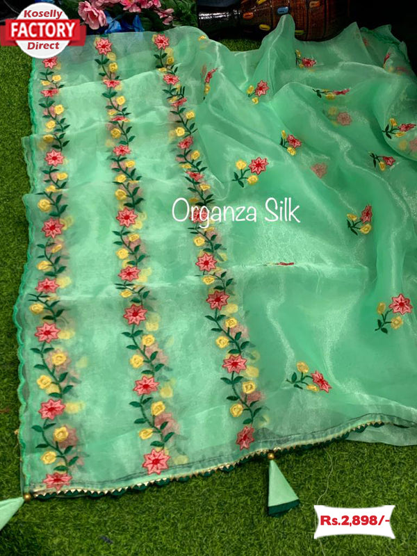 Light Green Pure Organza Embroidered Saree