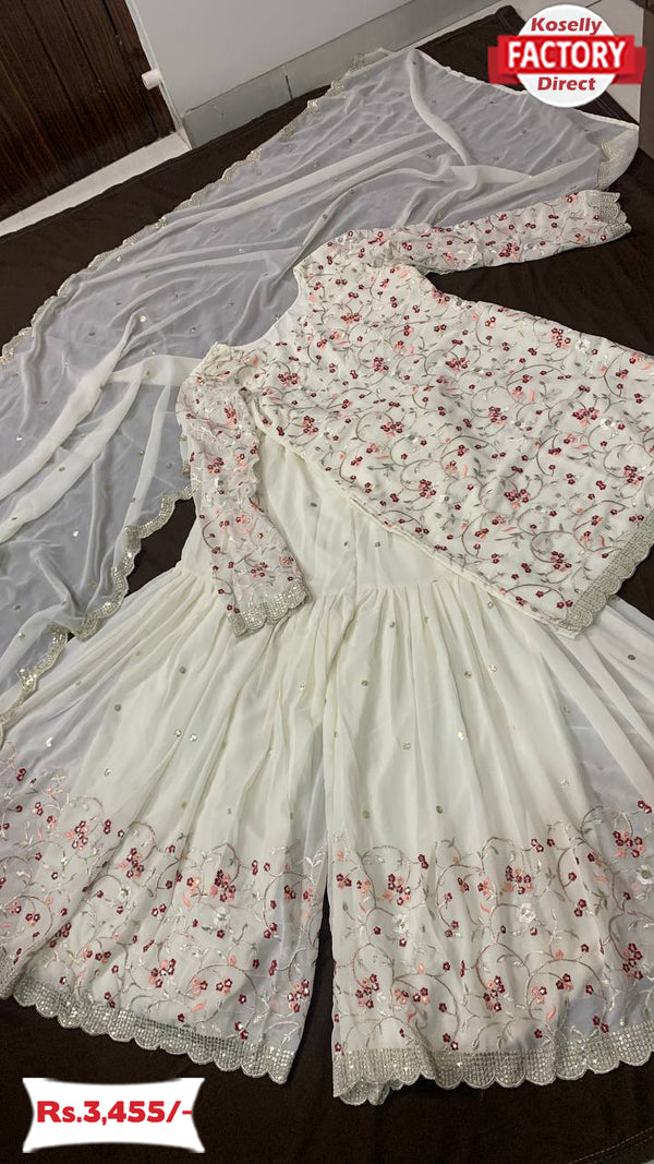 White Embroidered Kurtha Sharara Dress