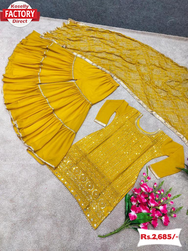 Yellow Partywear Kurtha Sharara Dupatta Set