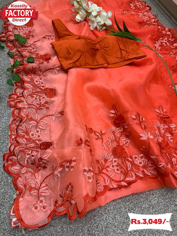 Orange Pure Organza Saree With Multi-thread Work