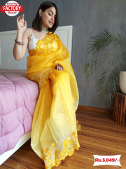 Yellow Pure Organza Saree With Multi-thread Work