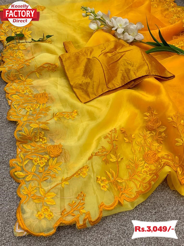 Yellow Pure Organza Saree With Multi-thread Work