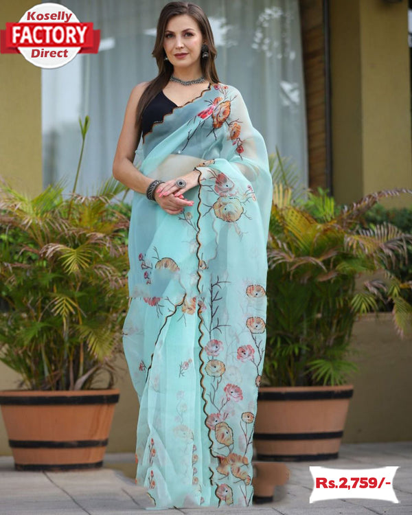 Sky Blue Organza Handwork Saree