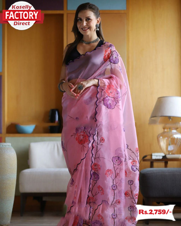 Pink Organza Handwork Saree