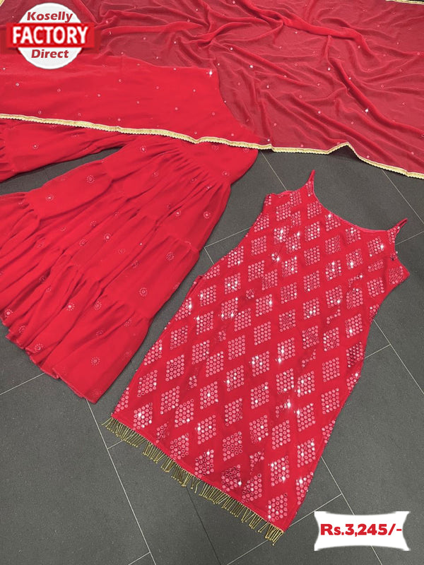 Red Embroidered Kurtha Sharara Set