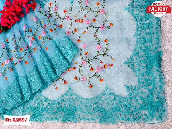 Sky Blue Organza Multi-embroidered Saree