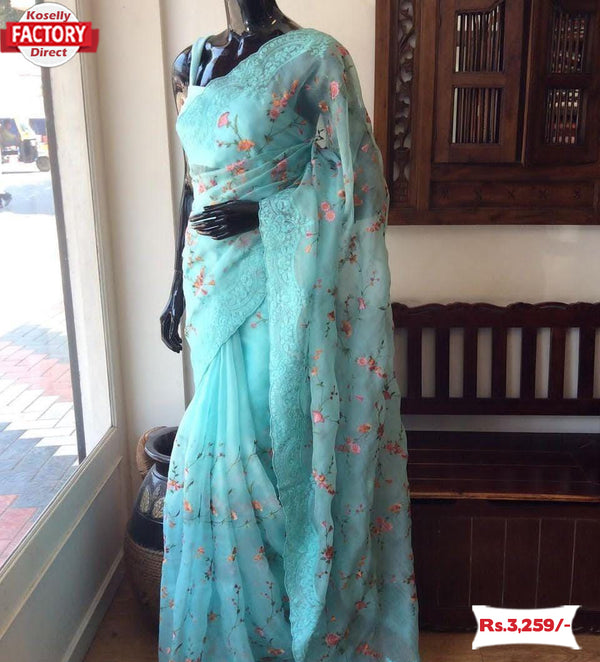 Sky Blue Organza Multi-embroidered Saree