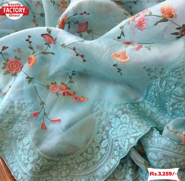 Sky Blue Organza Multi-embroidered Saree