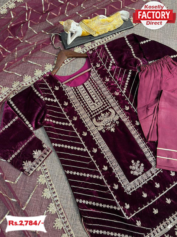 Wine Velvet Embroidered Kurtha Set