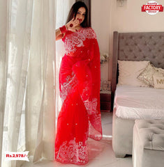 Red Organza Silk Saree With Thread Embroidery