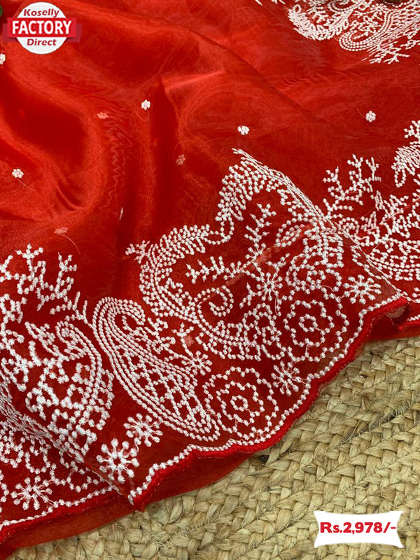 Red Organza Silk Saree With Thread Embroidery
