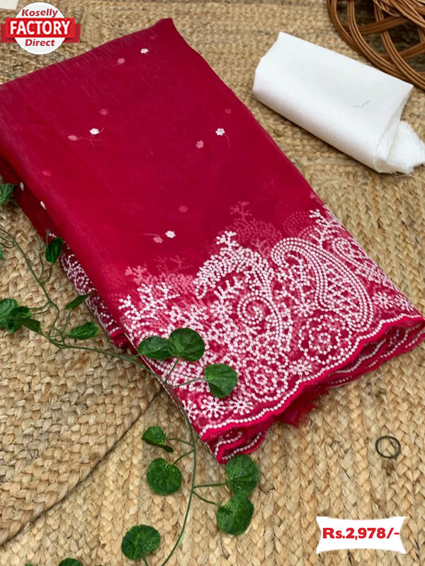 Magenta Organza Silk Saree With Thread Embroidery