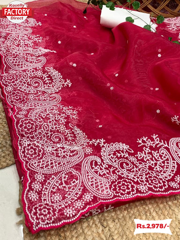 Magenta Organza Silk Saree With Thread Embroidery