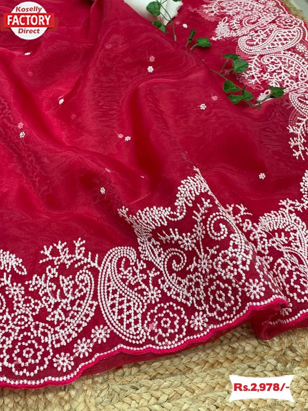Magenta Organza Silk Saree With Thread Embroidery