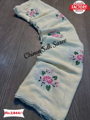 Offwhite Chinon Silk Saree With Thread Embroidery