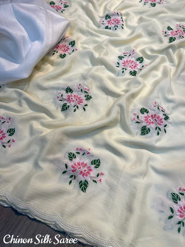 Offwhite Chinon Silk Saree With Thread Embroidery