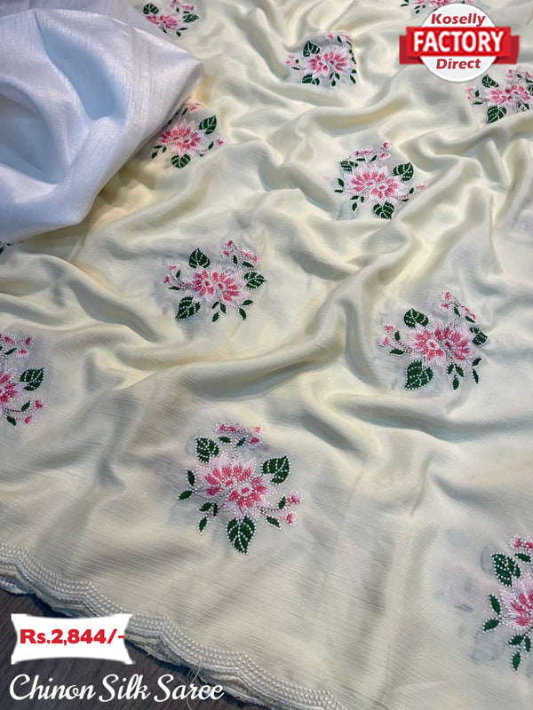Offwhite Chinon Silk Saree With Thread Embroidery