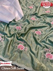 Olive Green Chinon Silk Saree With Thread Embroidery