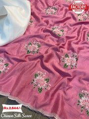 Pink Chinon Silk Saree With Thread Embroidery