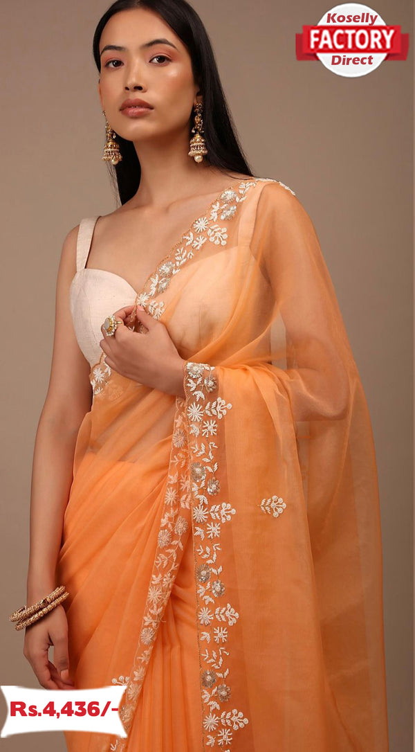 Orange Pure Organza Handworked Saree