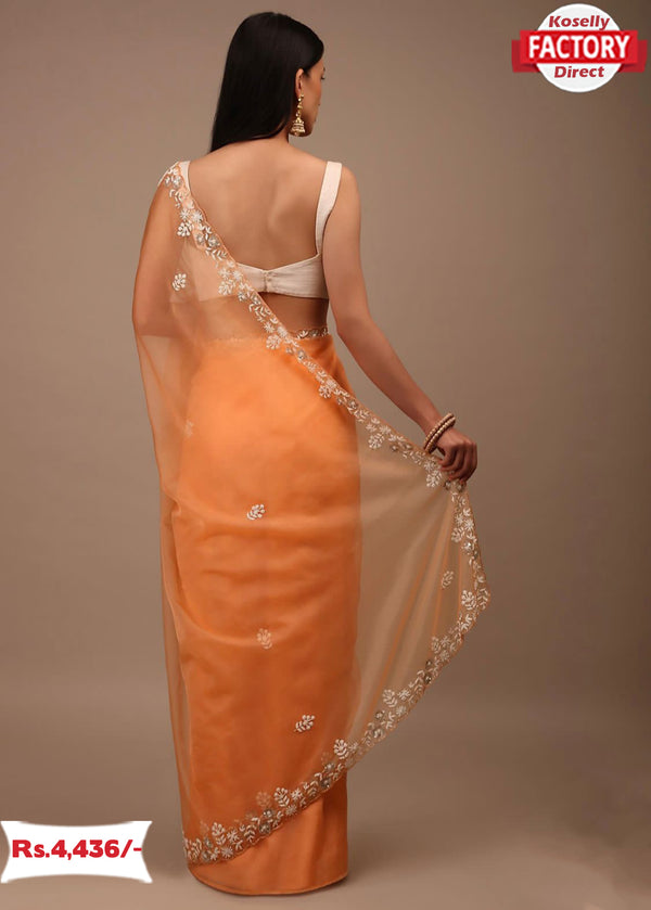 Orange Pure Organza Handworked Saree