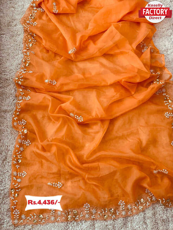 Orange Pure Organza Handworked Saree