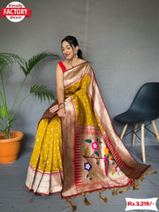 Mustard Yellow Paithani Silk Saree With Tassels