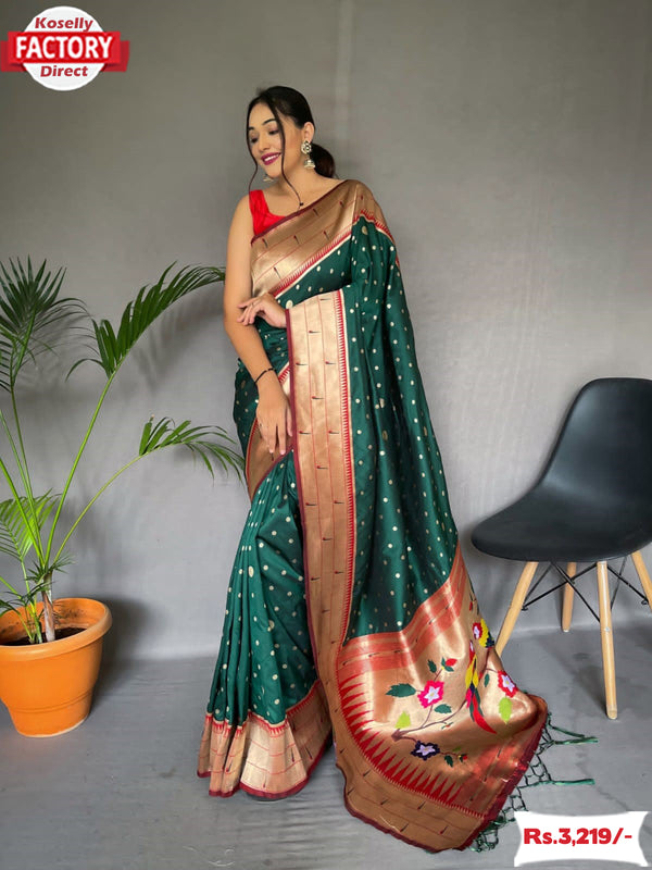 Dark Green Paithani Silk Saree With Tassels