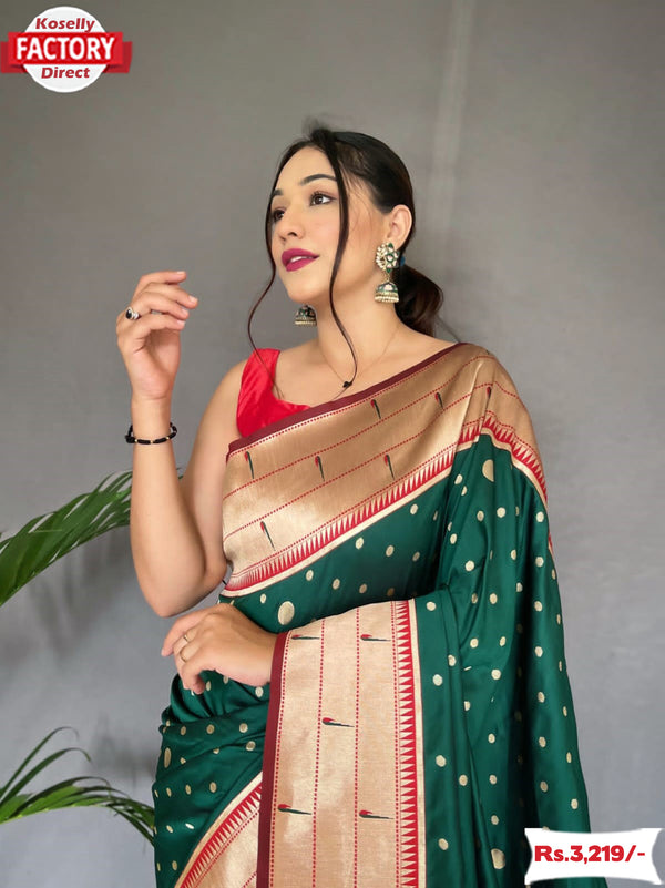 Dark Green Paithani Silk Saree With Tassels