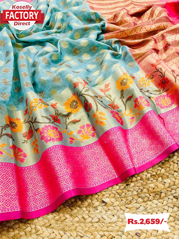 Sea Blue Ikkat Weaving Soft Silk Saree