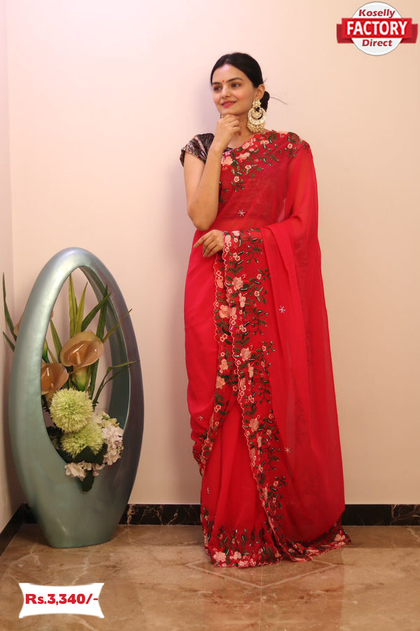 Red Pure Georgette Saree With Multi-thread Embroidery