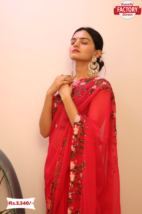 Red Pure Georgette Saree With Multi-thread Embroidery