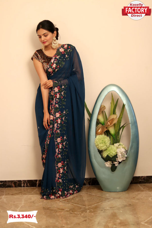 Turquoise Pure Georgette Saree With Multi-thread Embroidery