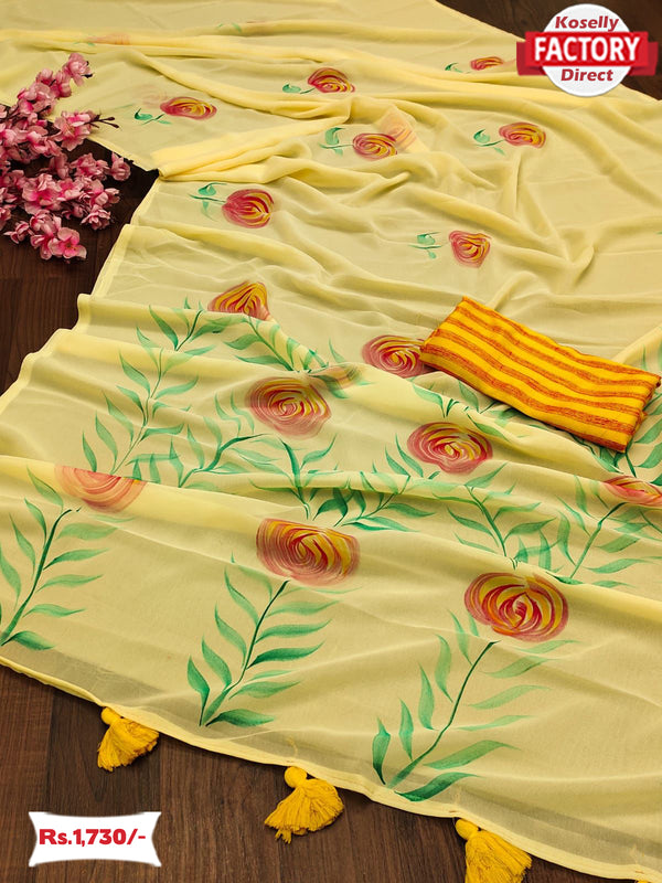 Yellow Soft Georgette Hand Printed Saree