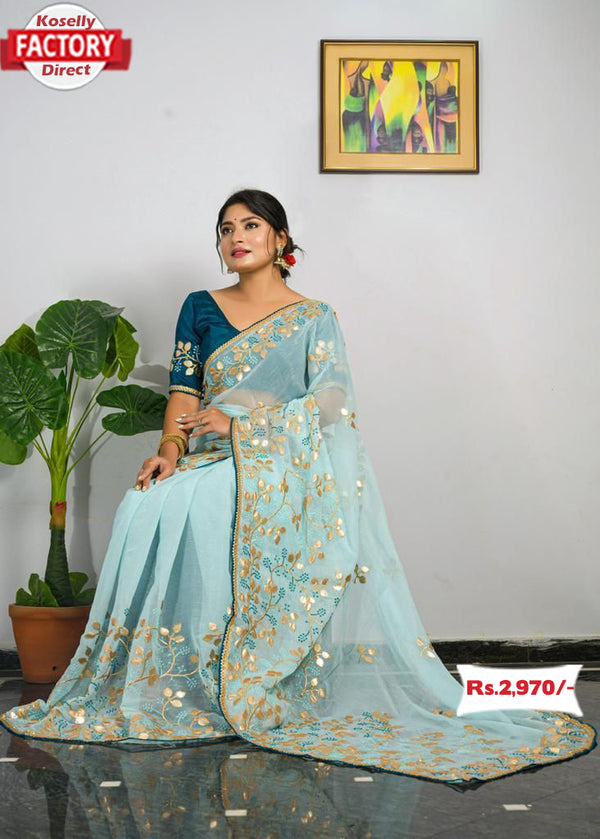 Light Blue Shimmer Chiffon Saree With Embroidery