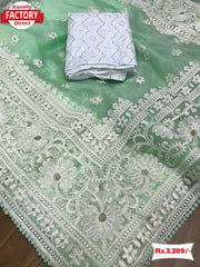 Light Green Organza Chikankari Saree