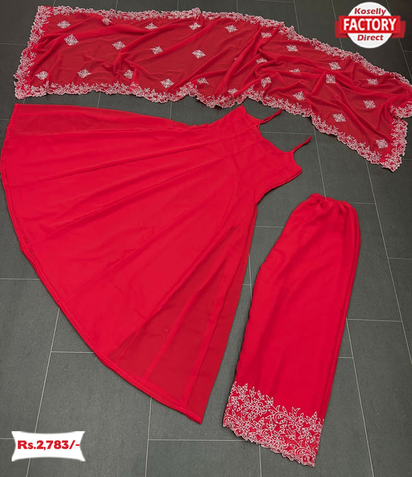 Red Suit With Embroidered Palazzo And Dupatta
